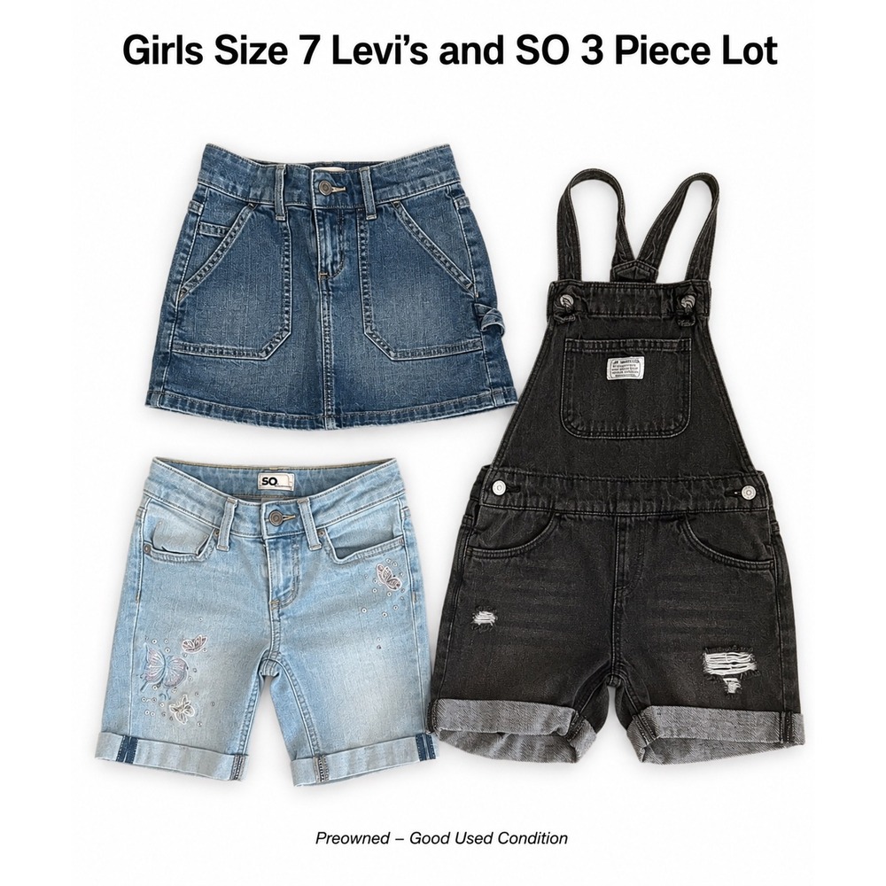 Girls Size 7 Levis & SO 3 Piece Denim Lot Black Shortalls Skirt Butterfly Short